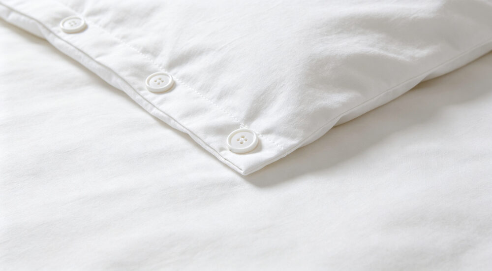 Studio product shot of white duvet cover button closure with evenly spaced white buttons and reinforced buttonhole stitching detail shown