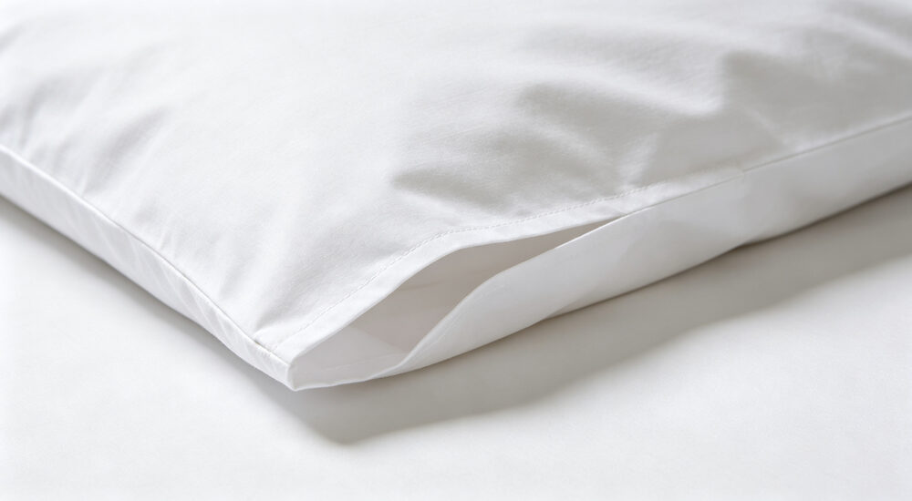 Technical detail view of standard white pillowcase with simple folded hem open end showing clean stitching and smooth soft fabric texture
