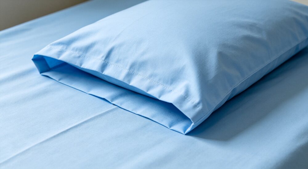 Fabric detailed view of sky blue institutional pillowcase neatly fitted on standard pillow showing smooth texture and clean stitched hem