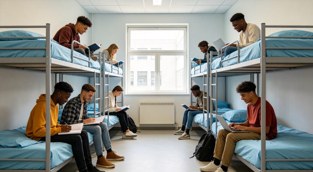 Dormitory eye-level view of university room with bunk beds in sky blue bedding diverse international students studying quietly at wooden desks