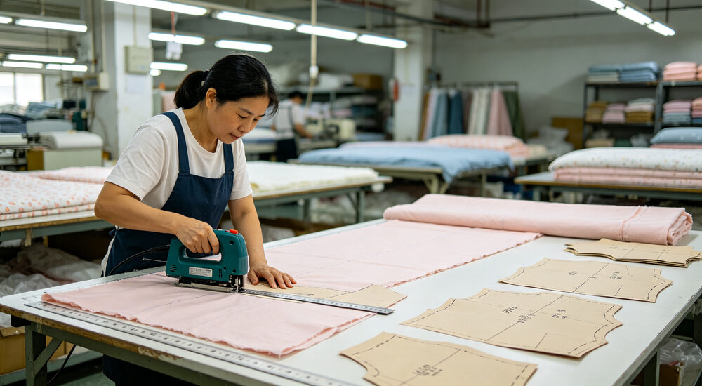 Action production shot of Asian factory worker cutting bedding fabric with electric cutter on large cutting table with pink fabric rolls