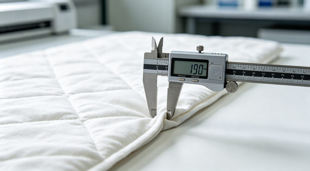 Macro technical view of precision digital caliper measuring bedding fabric thickness on white inspection table with digital measurement display shown