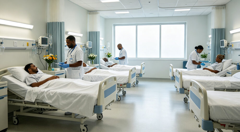 Clinical wide-angle view of hospital ward with multiple beds in crisp white institutional bedding healthcare workers attending patients carefully shown
