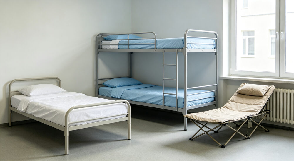 Panoramic room view of three bed types standard single bunk bed folding camp bed each with different colored institutional bedding arranged
