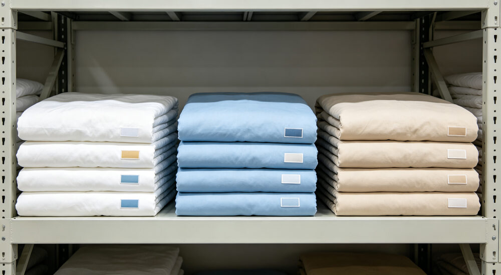 Technical quality organized warehouse view of three folded bedding stacks in white sky blue beige with color label tags on warehouse shelving neatly arranged