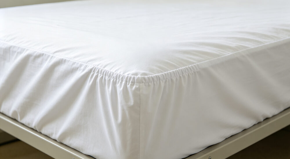 Product detailed view of white waterproof mattress protector fitted snugly over single institutional mattress showing elastic edges clearly visible shown