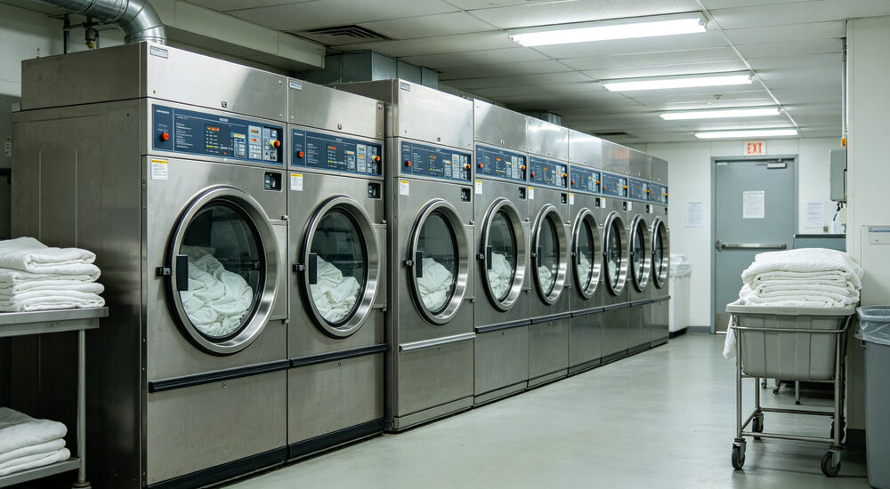 Industrial wide-angle view of commercial washing machines and dryers in institutional bedding laundry facility with stainless steel drums shown shown