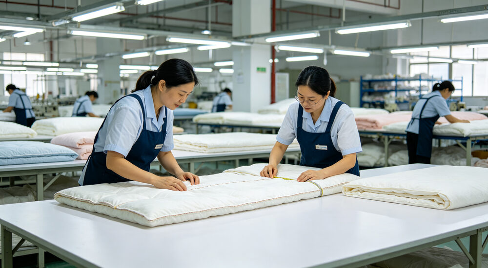 Candid quality shot of two Asian inspectors jointly checking bedding products carefully by hand on large white inspection table together