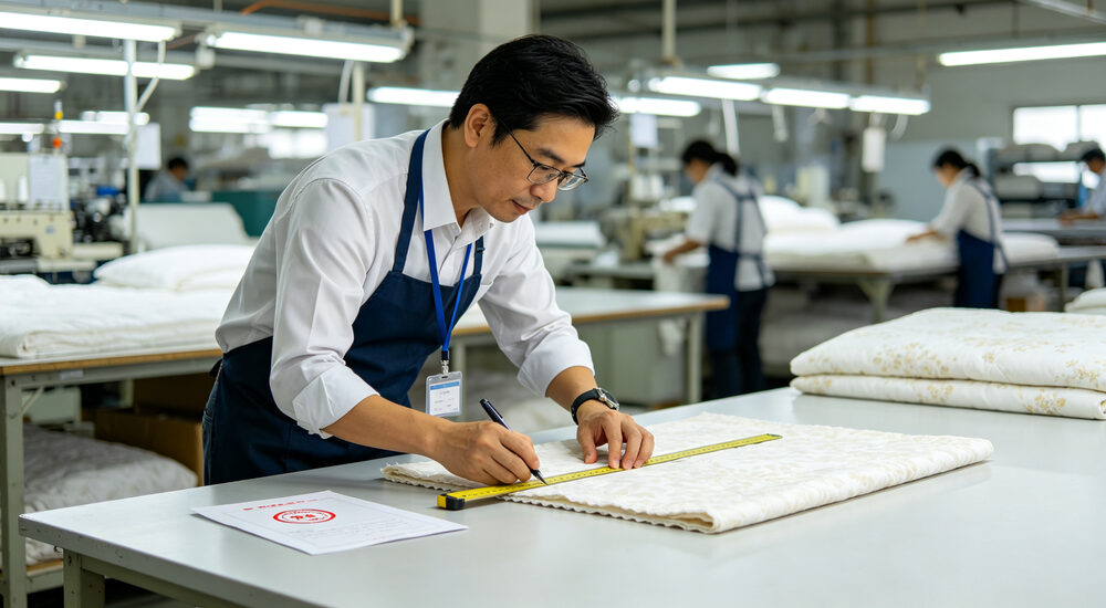 Approval eye-level view of Asian QC manager comparing approved sample bedding against production piece carefully by hand on white inspection table