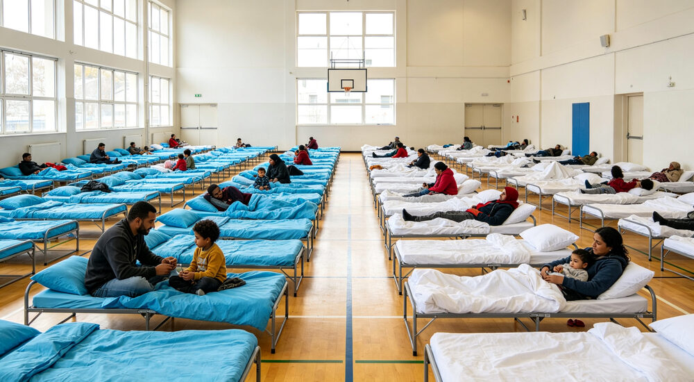 Gymnasium panoramic view of bright emergency shelter with rows of cots half sky blue half white bedding creating strong visual contrast effect