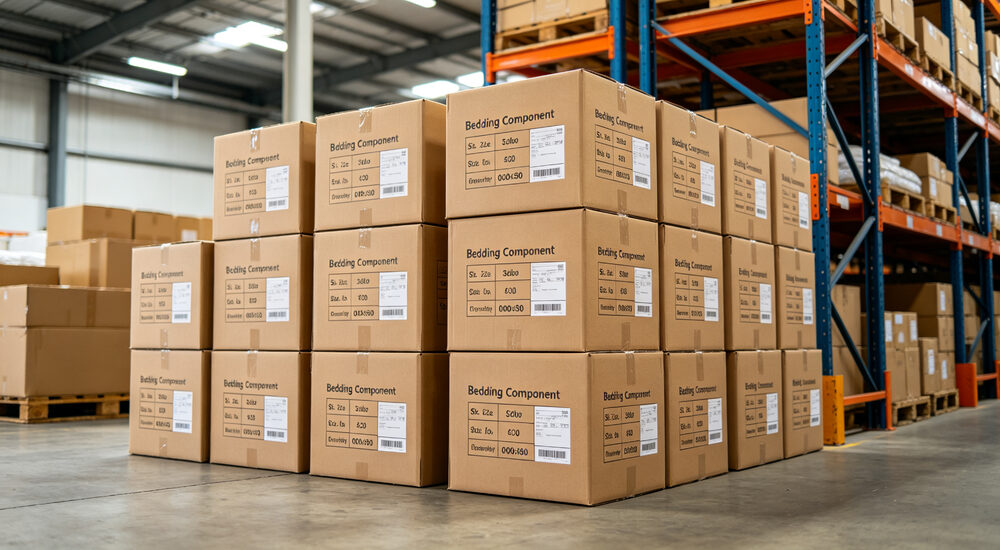 Logistics eye-level view of stacked cardboard shipping boxes with printed component labels in bright warehouse ready for international export shipping