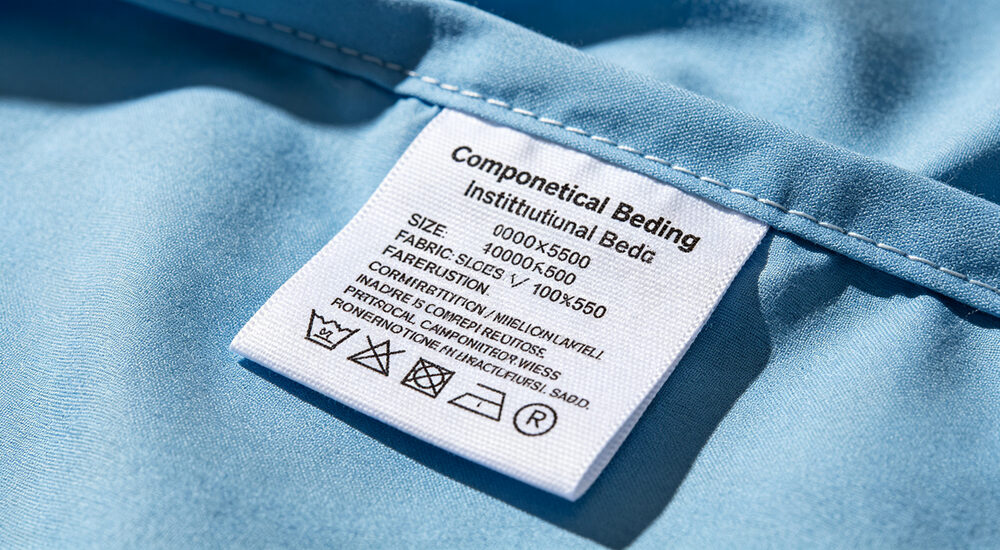 Label macro view of woven tag sewn on bedding showing component name size fabric composition and care instructions clearly visible shown