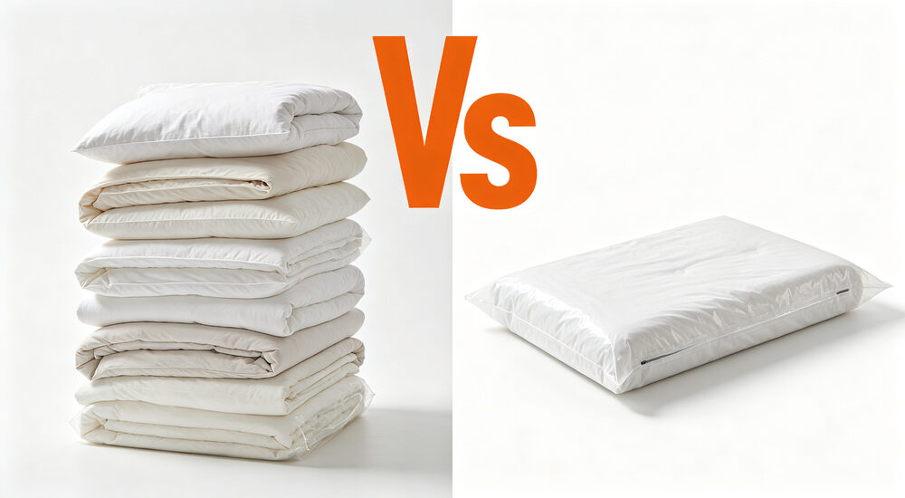 Split-view packaging comparison on white background of bulky tall folded bedding stack versus thin vacuum compressed package with orange VS text