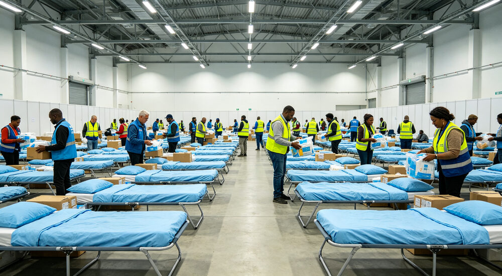 Shelter wide-angle view of large emergency hall with rows of cots in sky blue bedding diverse relief workers distributing supplies to evacuees