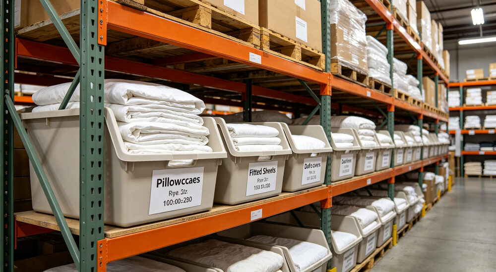 Storage detailed view of warehouse shelving with separate labeled bins for pillowcases fitted sheets duvet covers organized for component replenishment