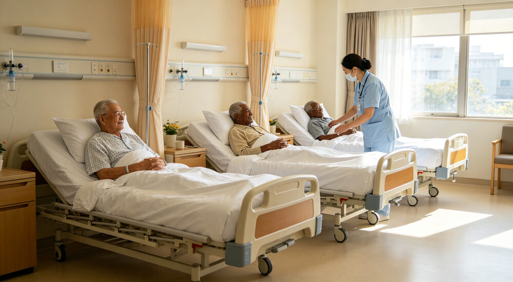 Care facility eye-level view of nursing home room with adjustable beds in white bedding elderly residents and healthcare worker interacting warmly