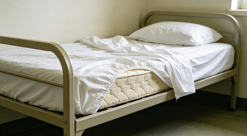 Detailed error demonstration side view of institutional bed with fitted sheet too small popping off mattress corner showing elastic edge exposed clearly