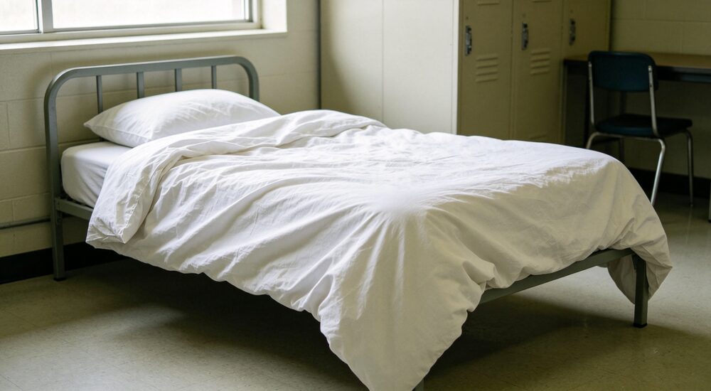 Detailed fit error side view of institutional bed with oversized duvet cover showing excess bunching fabric and poor fit on mattress clearly visible