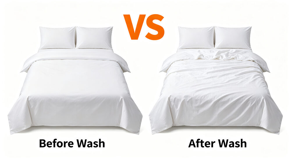 Side-by-side comparison view of bed with white bedding before wash smooth crisp versus after wash wrinkled shrunk with orange VS text label