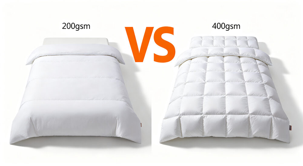 Thickness side-by-side of two identical white duvet inserts thin flat 200gsm summer versus thick puffy 400gsm winter with orange VS label