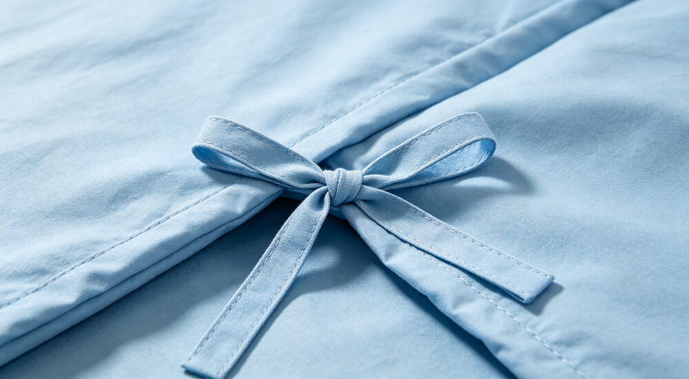 Interior close-up view of duvet cover corner showing white fabric tie closure bow securely securing duvet insert corner firmly in place