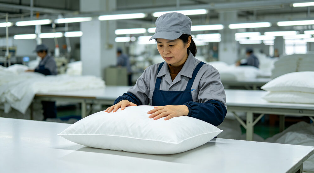 Documentary factory shot of Asian worker inspecting white institutional pillow by hand pressing carefully to check loft and fabric quality