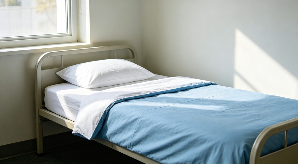 Detailed showroom product view of neatly made institutional single bed with sky blue duvet cover and white pillowcase in clean bright dormitory room
