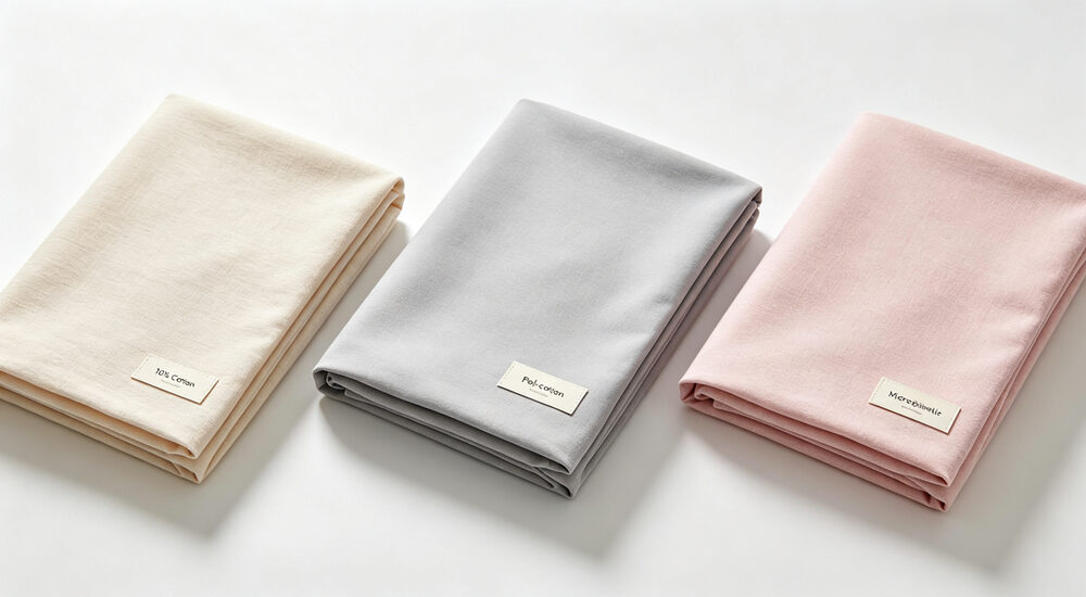 Top-down material comparison of three folded bedding swatches 100 percent cotton beige poly cotton gray microfiber pink with label cards