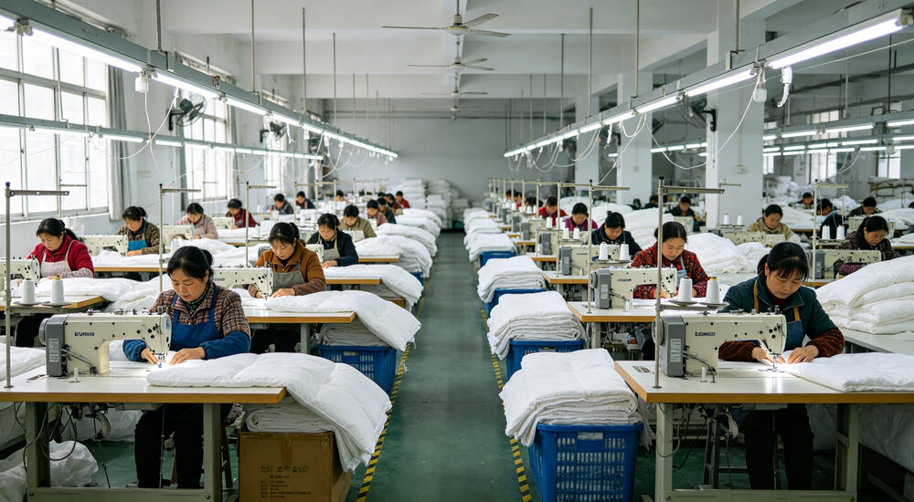 Factory wide-angle view of sewing floor with Asian workers at industrial machines producing white institutional bedding products at scale shown
