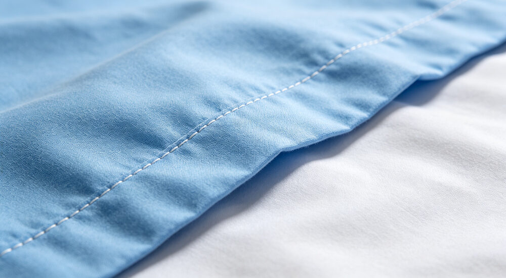 Stitch macro view of institutional bedding fabric texture and seam quality in sky blue and white showing fine thread detail under bright light