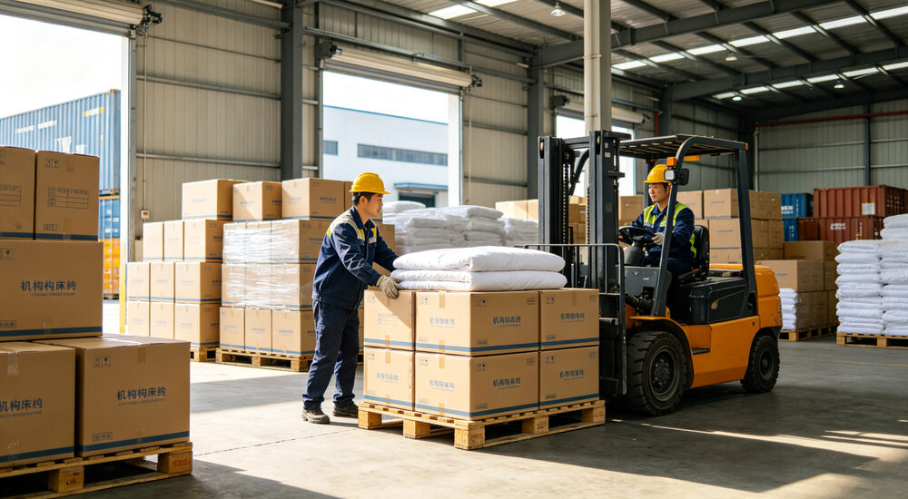 Shipping wide-angle view of bright warehouse loading dock with stacked bedding boxes ready for export Asian workers loading pallets efficiently