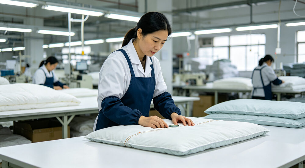 Quality eye-level view of Asian inspector checking bedding product by hand on clean white inspection table in bright factory environment