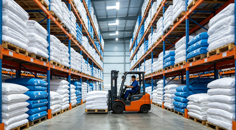Warehouse wide-angle view of large bedding storage with Asian worker operating forklift moving pallets of white and sky blue bedding efficiently