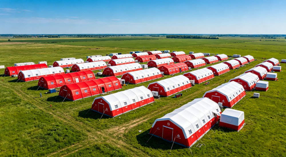 Wide aerial view of disaster relief camp with rows of red and white inflatable emergency tents on green grass, blue sky, bright daylight