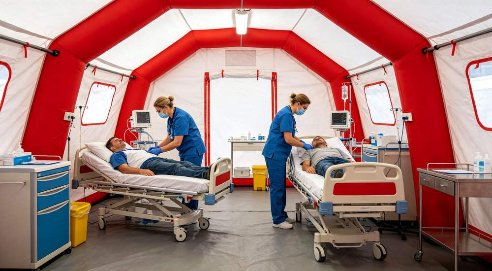 Medical triage area inside red and white inflatable emergency tent, medical workers attending patients, bright clean interior, designed for field hospitals and emergency response teams