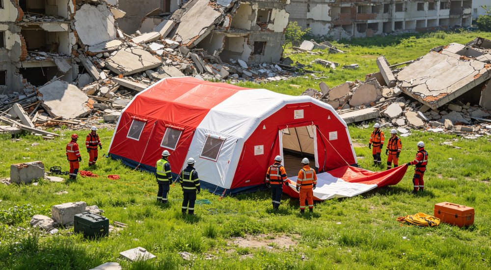 Earthquake disaster site with red and white inflatable emergency tent being deployed by rescue workers, rubble background, green grass, used in humanitarian aid and disaster relief operations worldwide