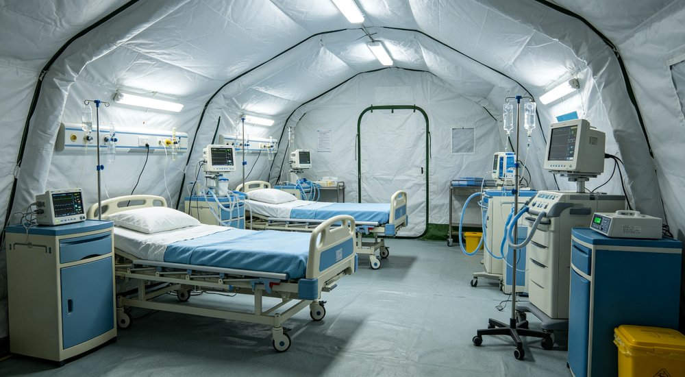 Medical configuration interior of inflatable tent with patient beds and equipment, bright lighting, designed for field hospitals and emergency response teams