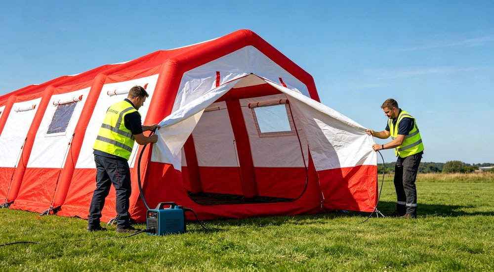 Two workers in safety vests setting up red and white inflatable emergency tent with electric air pump on green grass, blue sky, professional installation for rapid field deployment