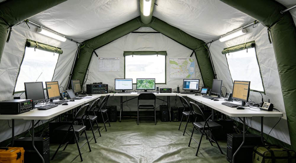 Command center configuration inside inflatable emergency tent with desks and communication equipment, bright lighting, for emergency management and disaster response coordination