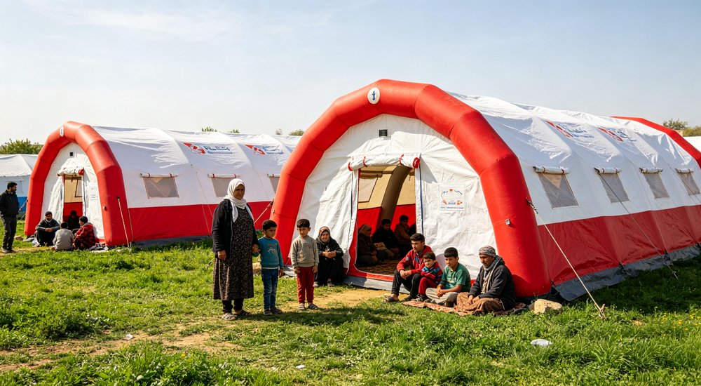 Refugee shelter camp with red and white inflatable emergency tents, families outside, green grass, blue sky, supporting refugee camps and humanitarian aid organizations