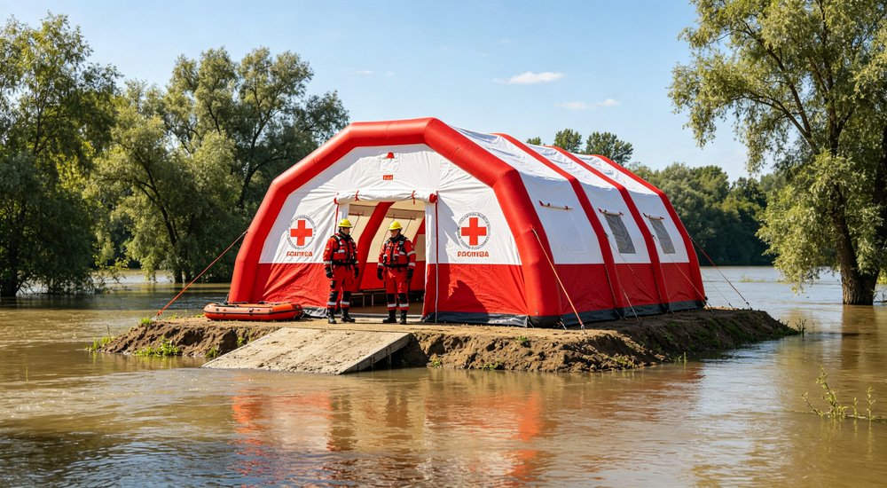 Flood rescue scene with red and white inflatable emergency tent on elevated ground, rescue workers, water nearby, suitable for flood rescue and emergency shelter programs