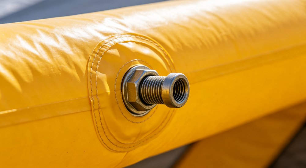 Close-up detail of inflatable tent air beam structure showing thick PVC fabric, bright lighting, heavy duty PVC coated polyester for weather resistance