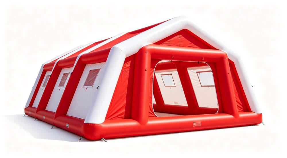 45 degree view of red and white inflatable emergency tent on white background, product photography, angled product photography showing tent structure