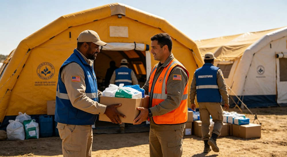 Humanitarian aid workers distributing relief supplies outside inflatable emergency tent, green grass, blue sky, professional installation team for rapid field setup