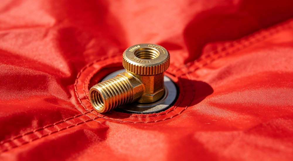 Close-up of inflatable tent inflation valve on red fabric, brass valve detail, bright lighting, high quality inflation valves for reliable air retention