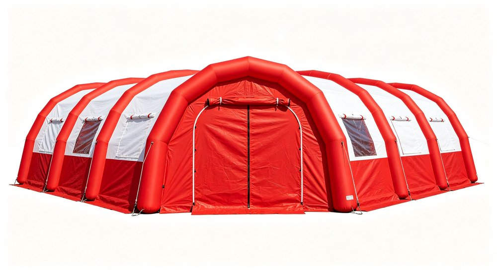Front view of red and white inflatable emergency tent on white background, product photography, professional product view for catalog and marketing use