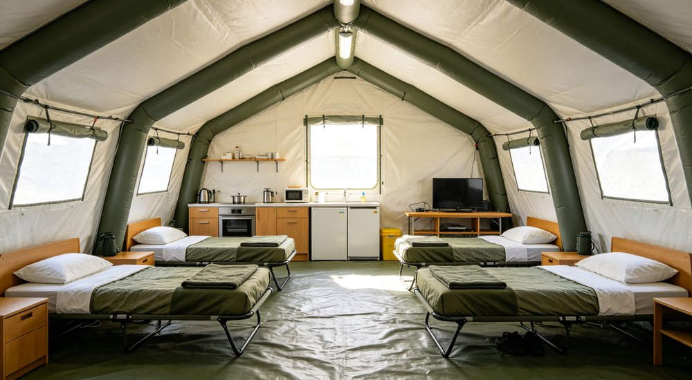 Temporary accommodation interior of inflatable emergency tent with beds and living space, bright lighting, comfortable living space for displaced persons and workers