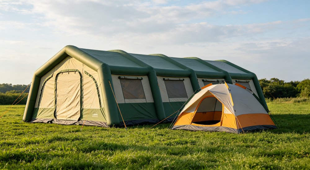Size comparison between large institutional inflatable tent and small camping tent, side by side, green grass, spacious interior for medical triage and command operations