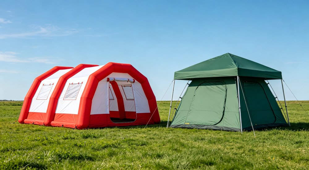 Customized inflatable emergency tent with logo and color options showing product customization, red and white tent on green grass, blue sky