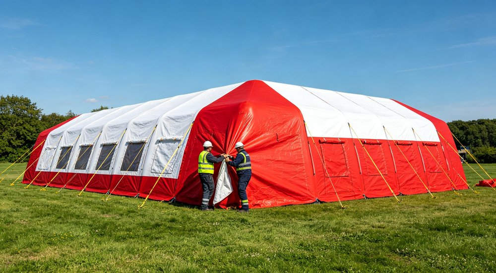 Closeup detail of red and white inflatable tent air beam structure showing thick PVC air columns connected together, professional product photography for B2B wholesale and government procurement